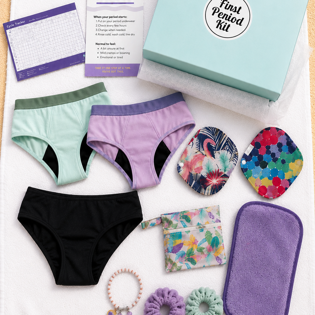 A first period kit laid out on a white towel, including a light blue box labeled 'First Period Kit,' several underwear styles in mint, lavender and black period swimwear, cloth pads, a small floral pouch, two scrunchies, a beaded bracelet, and a printed instruction card.