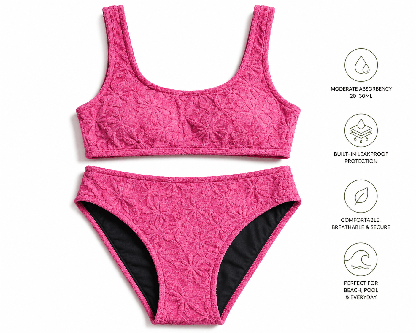 Salt & Bloom Textured Bikini Set | Pink | Period Swimwear - Swimwear